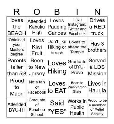 ROBIN'S BRIDAL SHOWER Bingo Card