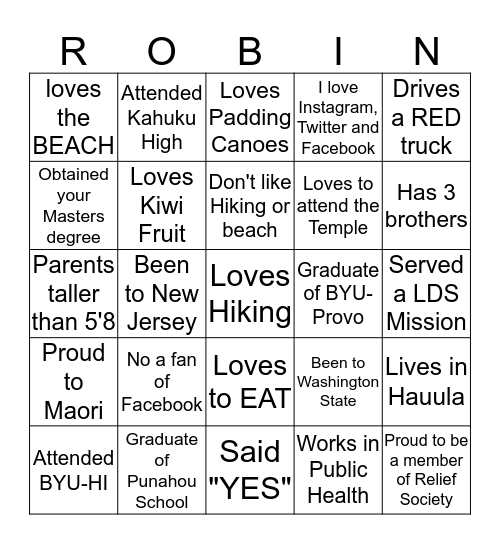 ROBIN'S BRIDAL SHOWER Bingo Card