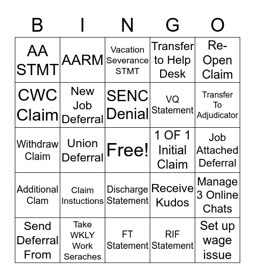 Claims Bingo Card