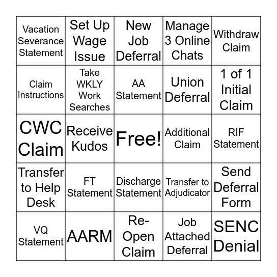 Claims Bingo Card