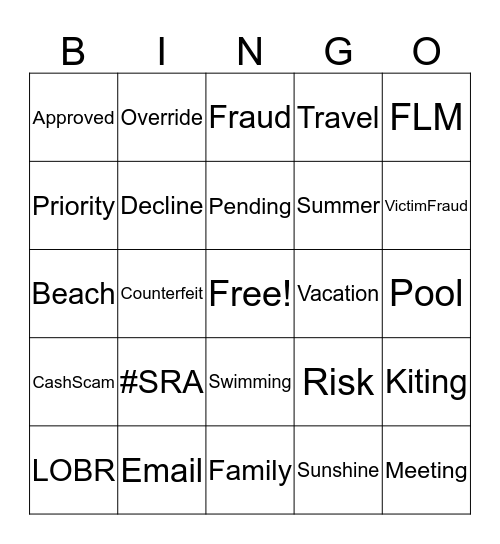 SRA Summer  Bingo Card