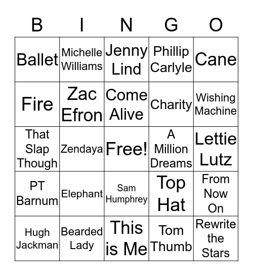 Greatest Showman Bingo Card