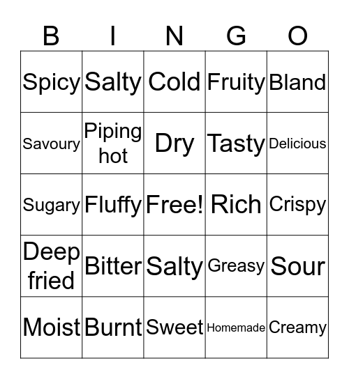 Taste and Texture Adjectives Bingo Card