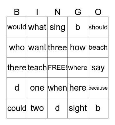 Sight Words/ Word Families/ Other Rules Bingo Card