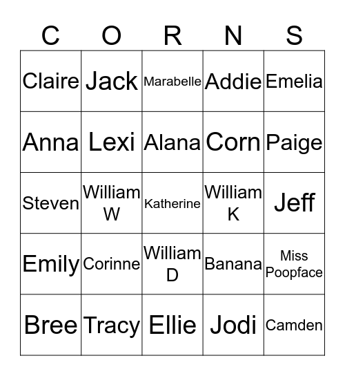 Corn's Amazing Bingo Card Bingo Card