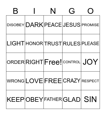 OBEDIENCE Bingo Card