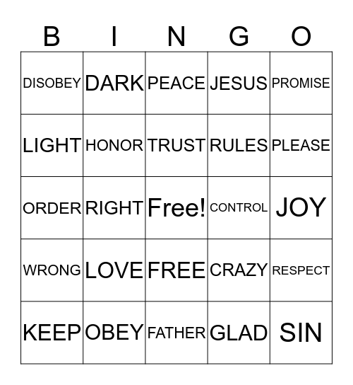 OBEDIENCE Bingo Card