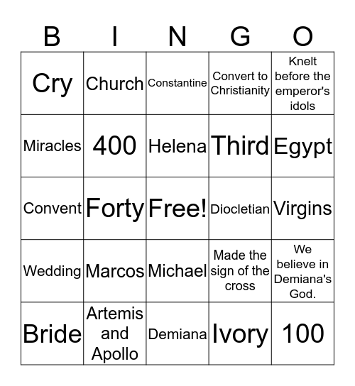 St. Demiana's Story Bingo Card