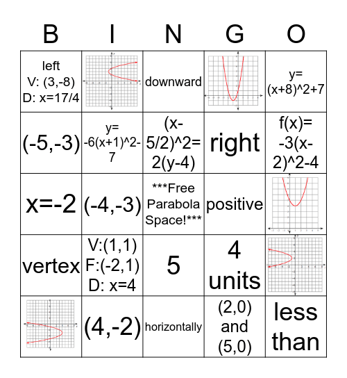 10.3 Parabola Bingo Card
