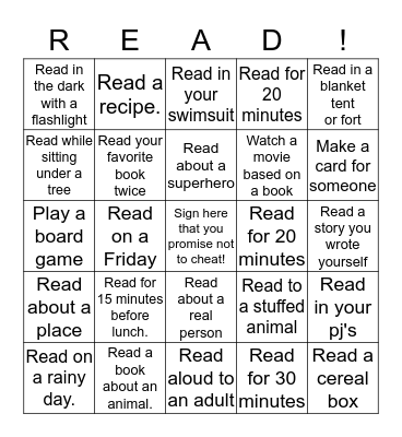 Have an adult sign each square you complete.                           Bingo Card