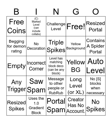 Recent Level Bingo Card