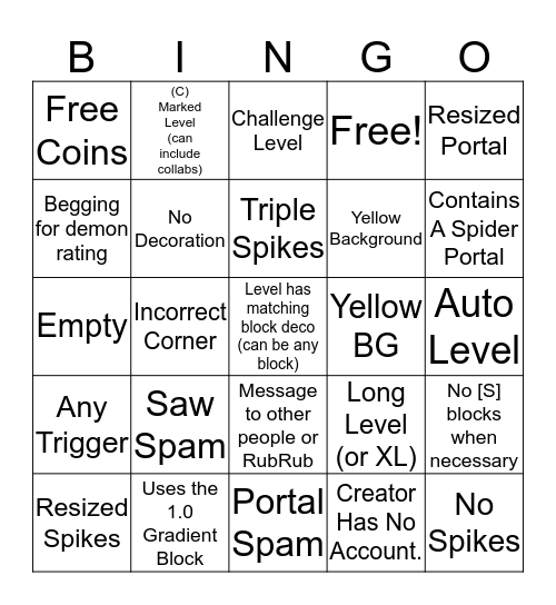 Recent Level Bingo Card