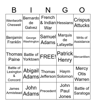 Colonial & Revolutionary Times Bingo Card