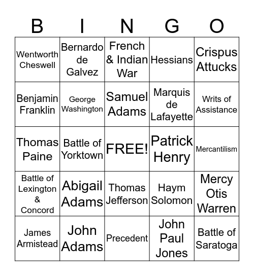 Colonial & Revolutionary Times Bingo Card
