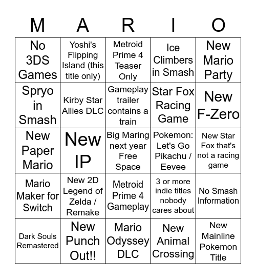 Nintendo Direct BINGO Card