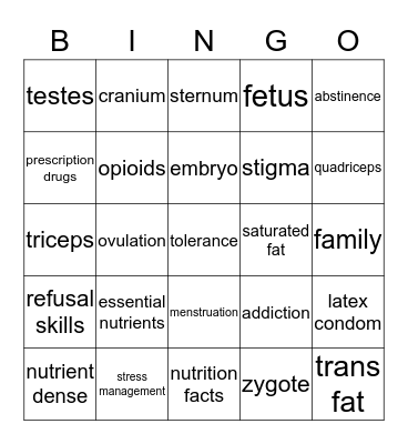 Health Review Bingo for Eighth Grade Bingo Card