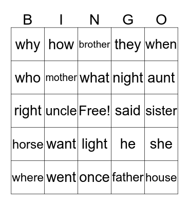 sight words Bingo Card