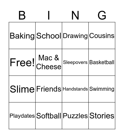 Abby's Birthday Bingo Card