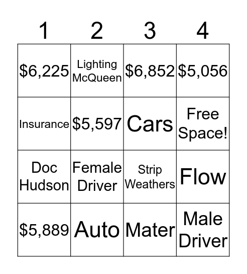 Auto Insurance Bingo Card