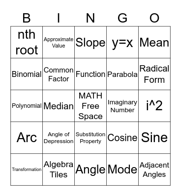 Algebra 2/Trig Bingo Card