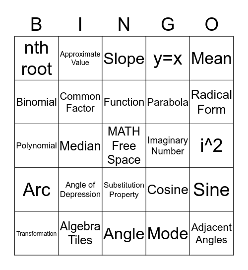 Algebra 2/Trig Bingo Card
