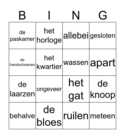 woorden uit thema 6 TC A1 Bingo Card