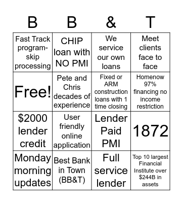 BB&T Bingo Card