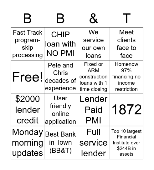 BB&T Bingo Card