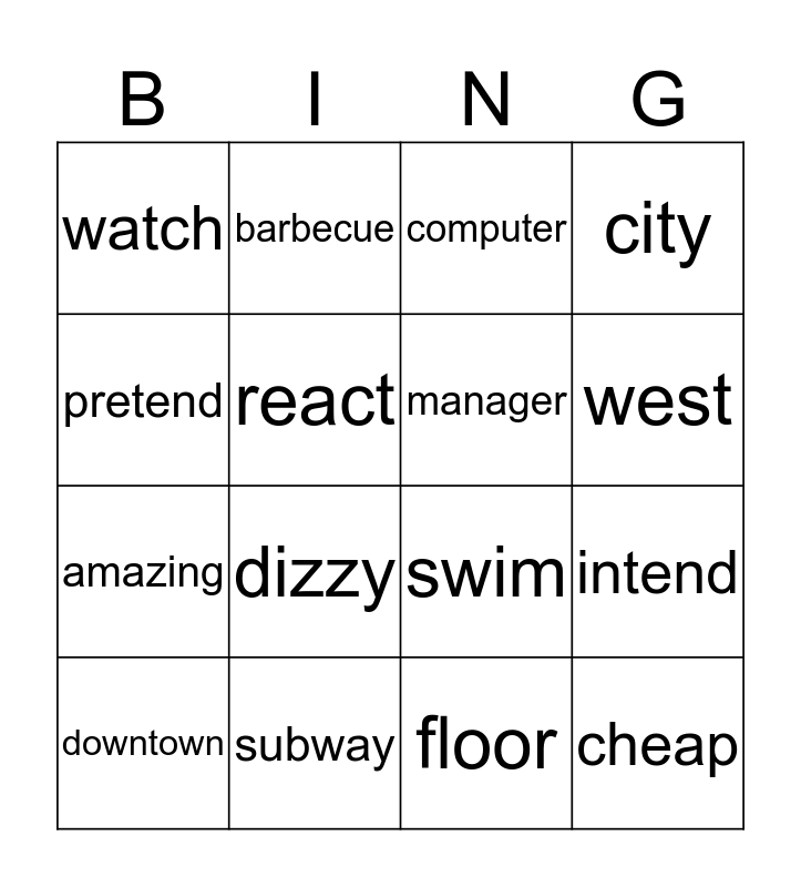 English vocabulary Bingo Card