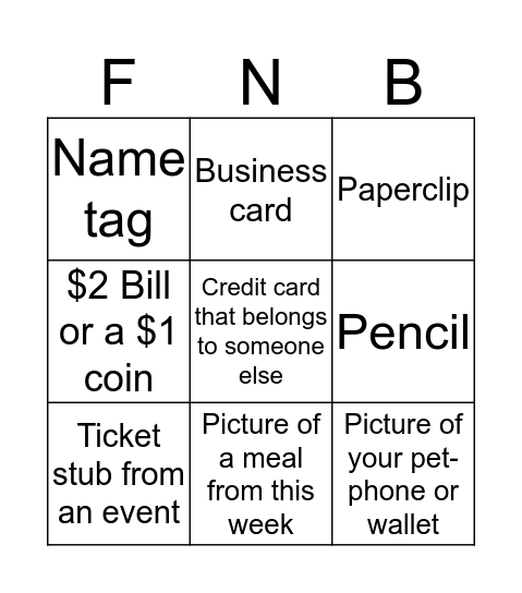 FNB Bingo Card
