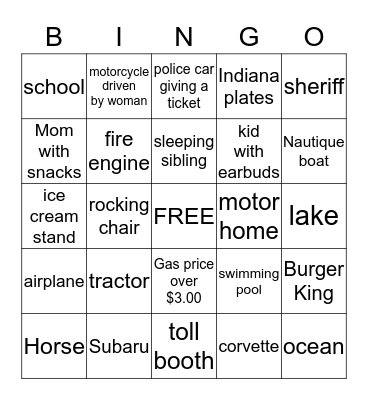 Driving to the Beach BINGO Card