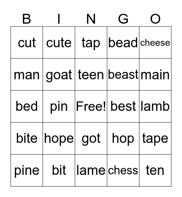 Minimal Pairs Bingo -- Alphabet & Relative Vowels Bingo Card