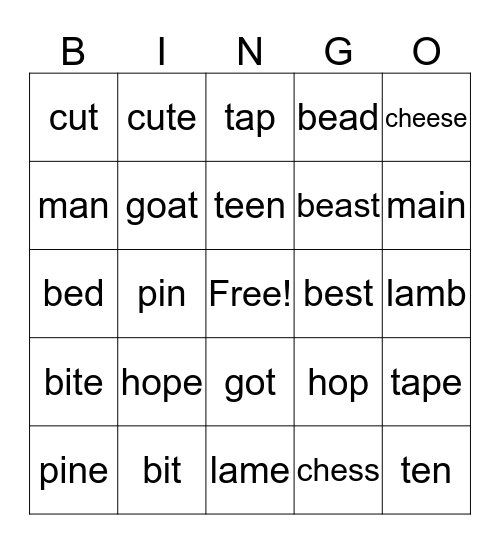Minimal Pairs Bingo -- Alphabet & Relative Vowels Bingo Card
