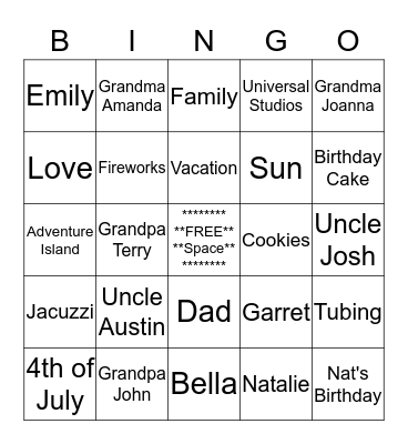 Grandma's Bingo  Bingo Card