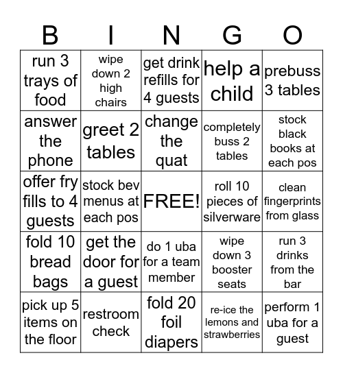 Host/Busser Blackout Bingo Card