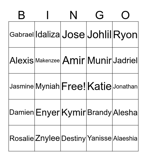 Mrs. Alicea P2 Students Bingo Card
