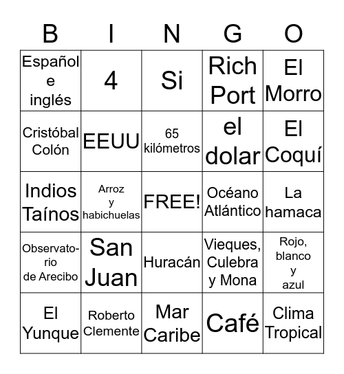 Puerto Rico Bingo Card