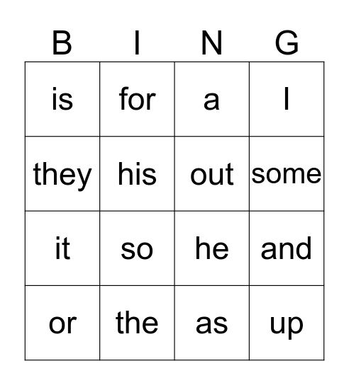 Sight Word Bingo Card