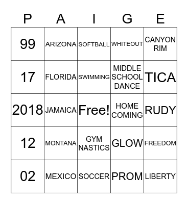 PAIGE Bingo Card