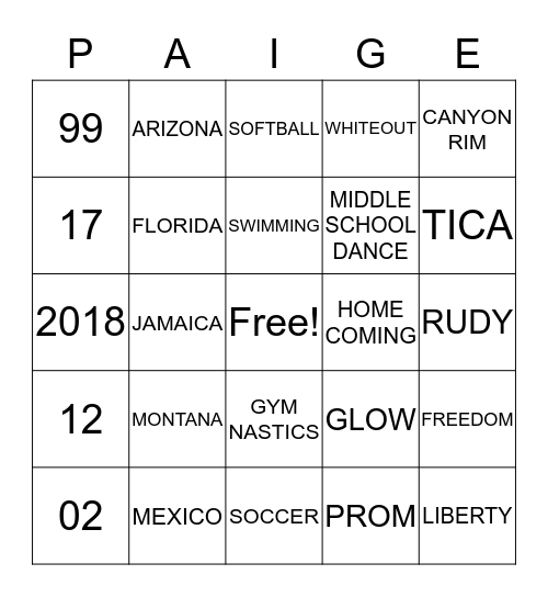 PAIGE Bingo Card