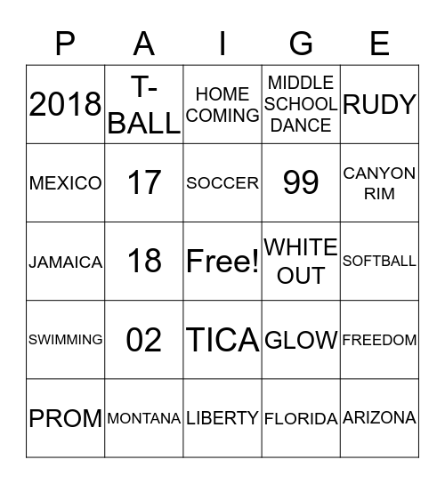 PAIGE Bingo Card