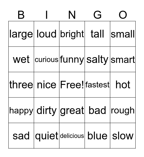 Adjective Bingo Card