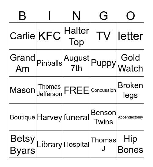 "The Pinballs" Bingo Card