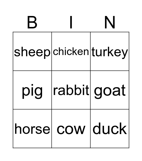 Farm Animals Bingo Card