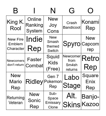 Smash For Switch Bingo Card
