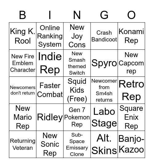 Smash For Switch Bingo Card