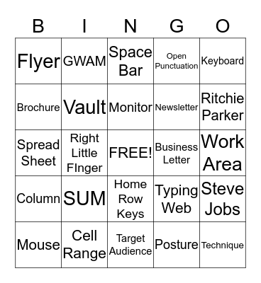 8th Grade Computer Vocabulary Bingo Card