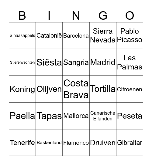 Spanje Bingo Card