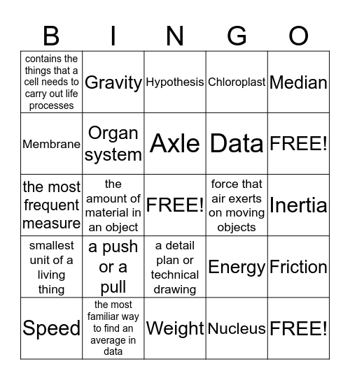 Motion and Design Voc. Words/ Chapter 1 Lesson 1 Words Bingo Card