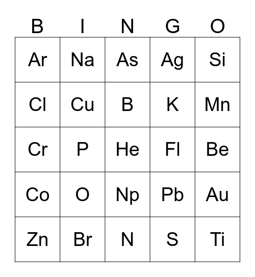Periodic Table of Elements Bingo Card